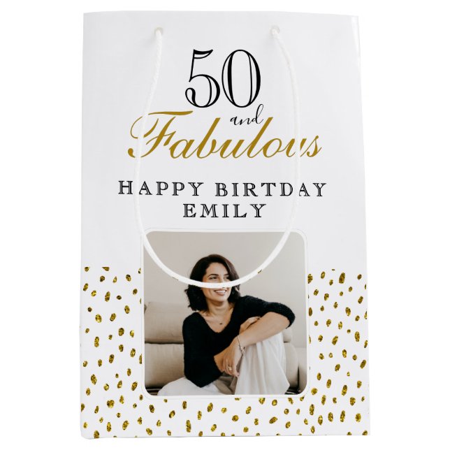Sacola Para Presentes Média 50 and Fabulous Gold Glitter Photo 50th Birthday (Frente)