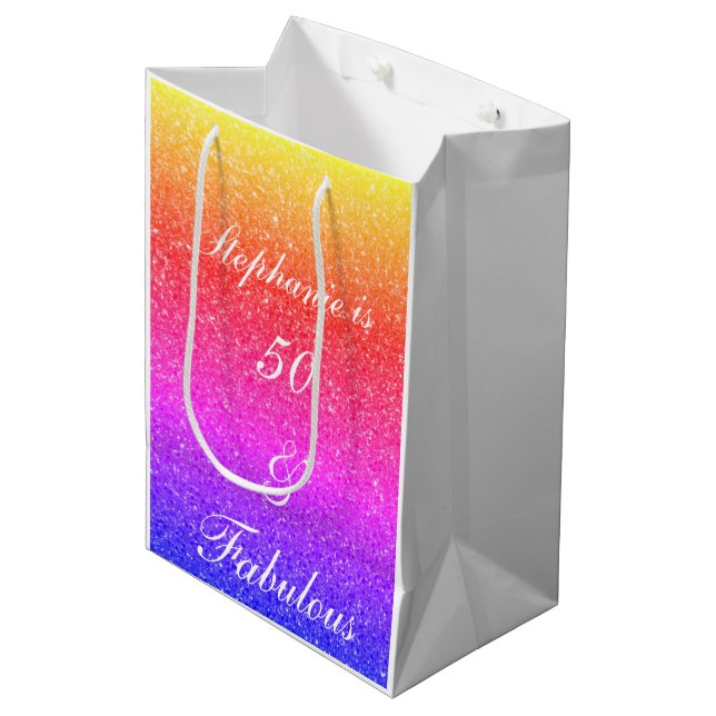 Sacola Para Presentes Média 50 E Fabuloso Branca De Brilho Púrpura De Aniversá (Frente inclinada)