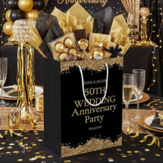 Sacola Para Presentes Média 50th Wedding Anniversary Gold Faux Glitter