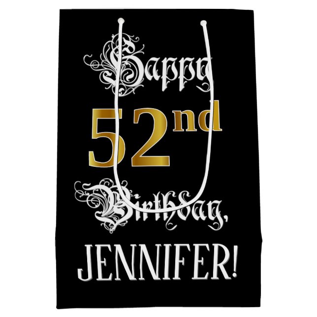 Sacola Para Presentes Média 52nd Birthday ~ Fancy Script; Faux Gold Look; Name (Verso)