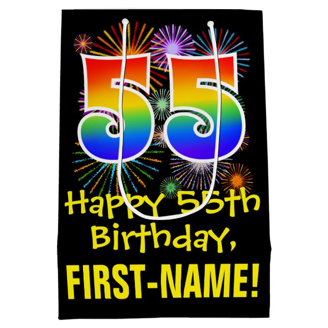 Sacola Para Presentes Média 55º aniversário: Padrão Divertido de Fogos de Arti (Verso)