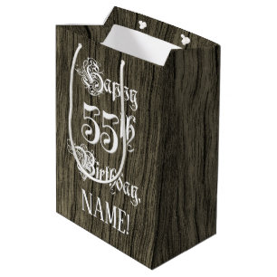 Sacola Para Presentes Média 55.o Aniversário: Rico, Faux Wood Look + Nome Per