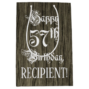 Sacola Para Presentes Média 57.o Aniversário: Rico, Faux Wood Look + Nome Per