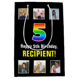 Sacola Para Presentes Média 5 Aniversário: Arco-Íris "5", Fotos e Nome Persona