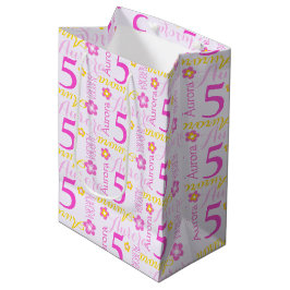 Sacola Para Presentes Média 5 Birthday cor-de-rosa-rosa com nome personalizado