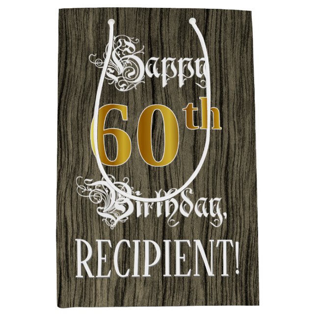 Sacola Para Presentes Média 60.º aniversário: Padrão Faux Dourado de Olhar e M (Frente)