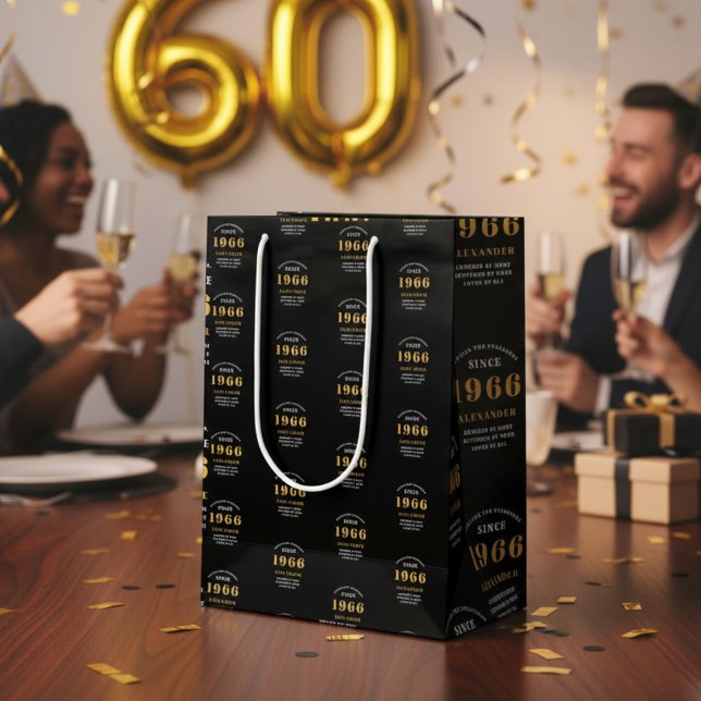 Sacola Para Presentes Média 60th Birthday 1966 Black Gold Chic Elegant (Born 1966 birthday gift bag. Background out of focus.)