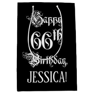 Sacola Para Presentes Média 66.o aniversário: Rico, Script Elegante + Nome Pe