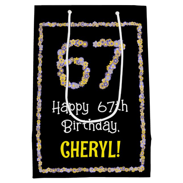 Sacola Para Presentes Média 67.o Aniversário: Número de Flores, Nome Personali (Verso)