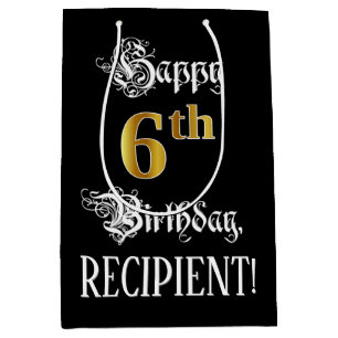 Sacola Para Presentes Média 6 Birthday ~ Rico Script; Faux Dourada Look; Nome