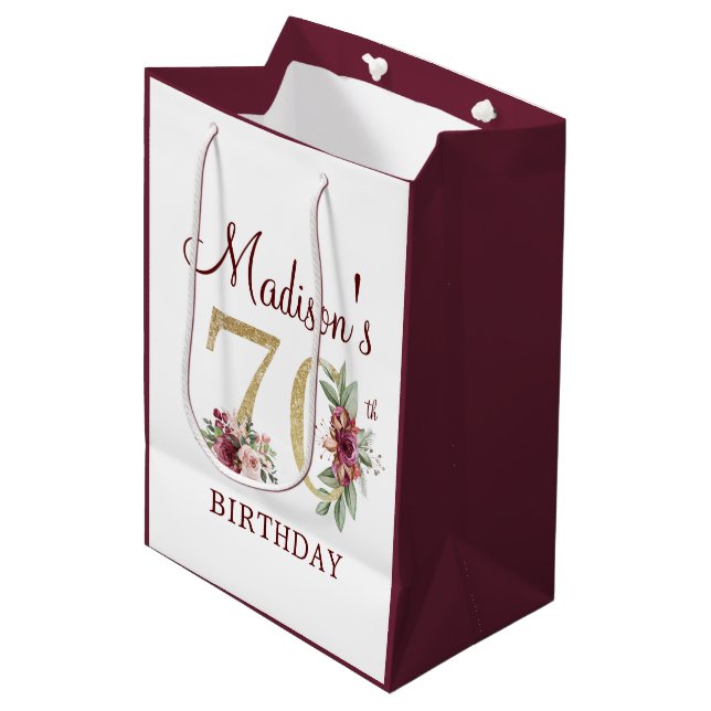 Sacola Para Presentes Média 70 Birthday Burgundy Dourado Floral personalizado (Frente inclinada)
