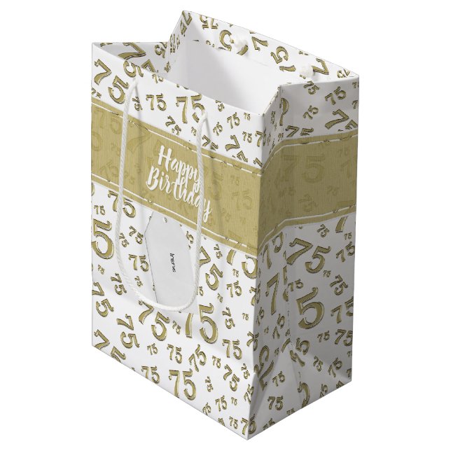 Sacola Para Presentes Média 75.º aniversário feliz, Dourado/padrão branco (Frente inclinada)