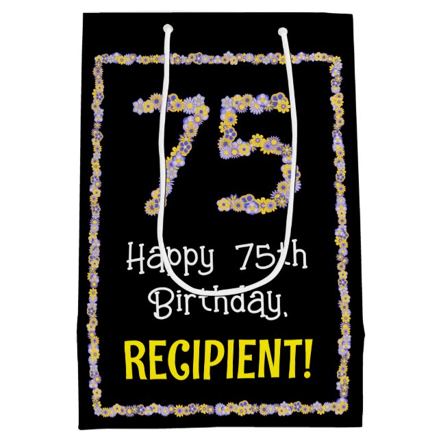 Sacola Para Presentes Média 75.o aniversário: Número de Flores, Nome Personali (Verso)