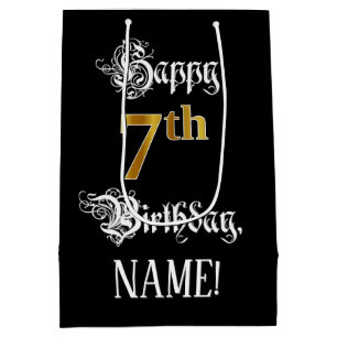 Sacola Para Presentes Média 7 Birthday ~ Rico Script; Faux Dourada Look; Nome