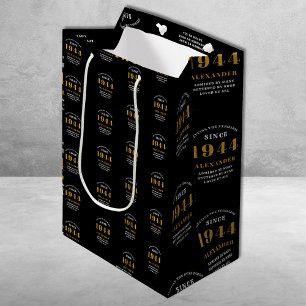 Sacola Para Presentes Média 80 Birthday 1944 Chic Elegante Preto Dourado