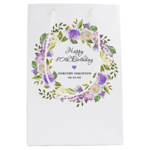 Sacola Para Presentes Média 80 Birthday Purple Floral Monograma