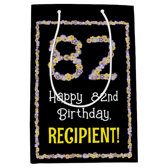 Sacola Para Presentes Média 82.o Aniversário: Número de Flores, Nome Personali (Frente)
