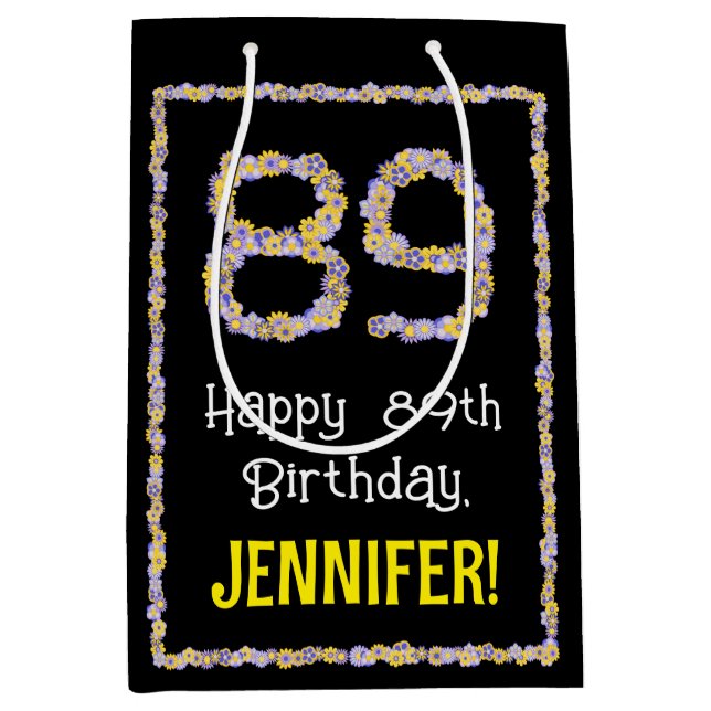 Sacola Para Presentes Média 89.o aniversário: Número de Flores, Nome Personali (Frente)