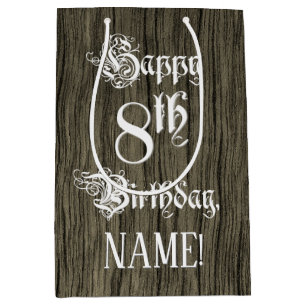 Sacola Para Presentes Média 8.o Aniversário: Rico, Faux Wood Look + Nome Pers