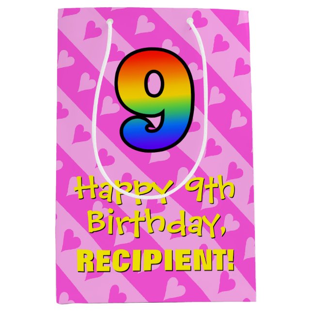 Sacola Para Presentes Média 9º Aniversário: Corações Rosa Divertidos Stripes e (Frente)