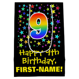 Sacola Para Presentes Média 9º aniversário: Padrão de estrelas coloridas e arc