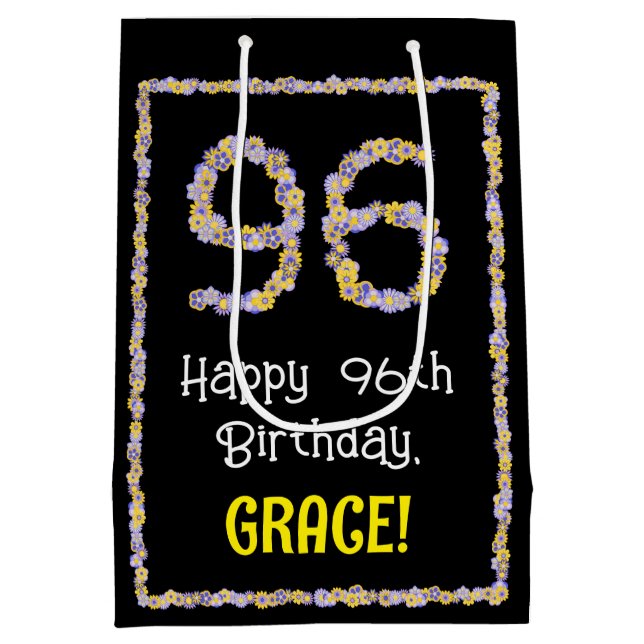 Sacola Para Presentes Média 96.o aniversário: Número de Flores, Nome Personali (Verso)