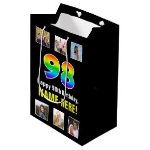 Sacola Para Presentes Média 98.º aniversário: Rainbow "98", Fotos e nome perso