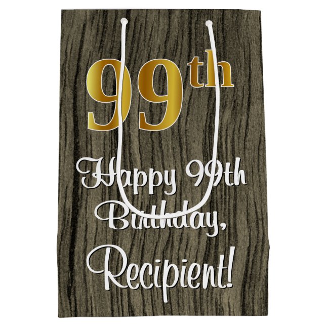 Sacola Para Presentes Média 99º aniversário: Elegante Faux Dourado Look #, Fau (Verso)