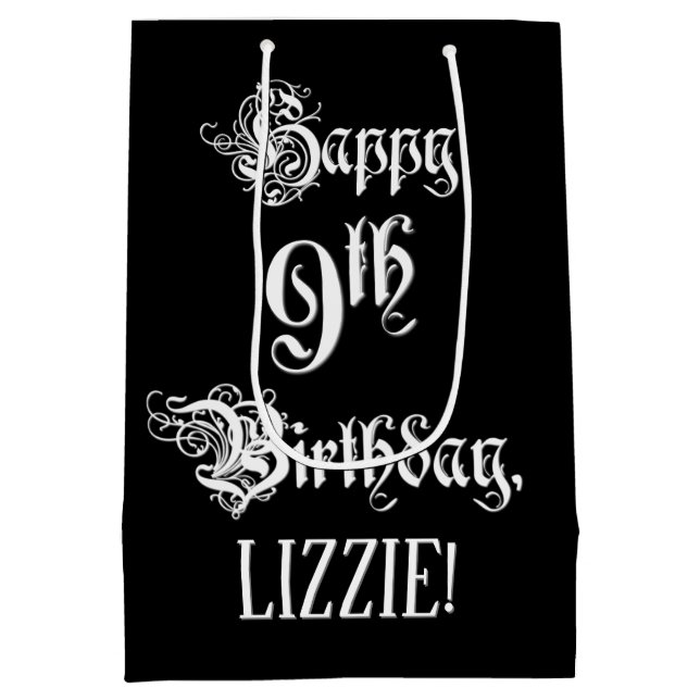 Sacola Para Presentes Média 9.º Aniversário: Rico, Script Elegante + Nome Pers (Verso)