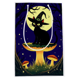 Sacola Para Presentes Média A Little Black Witchy Cat Sitting On A Toadstool