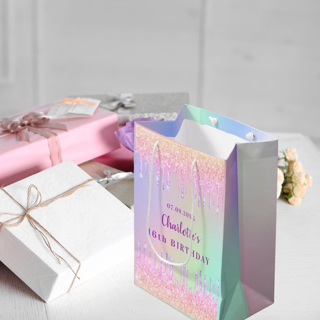 Sacola Para Presentes Média A relva do arco-íris de aniversário goteja um mono (Criador carregado)