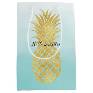 Sacola Para Presentes Média Abacaxi Dourado Abacaxi Aqua Watercolor Ombre