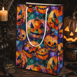 Sacola Para Presentes Média Abóbora Colorida de Halloween Assustador