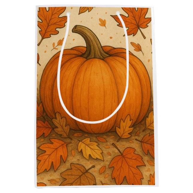 Sacola Para Presentes Média Abóbora de outono de ouro e Folhas de outono (Frente)