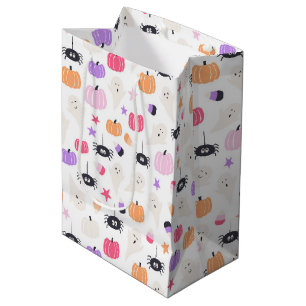 Sacola Para Presentes Média Abóbora roxa-branca-roxa e Halloween-aranha