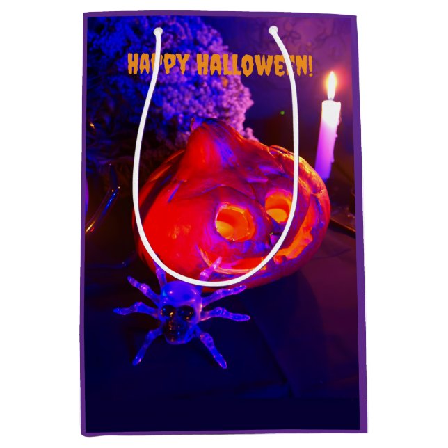 Sacola Para Presentes Média Abóboras de Halloween neon (Frente)