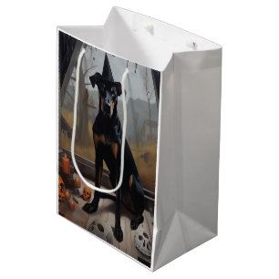 Sacola Para Presentes Média Abóboras Doberman Halloween Assustador