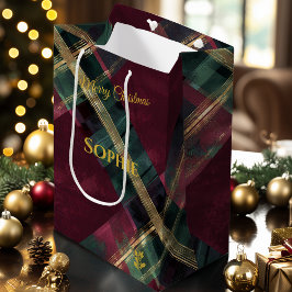 Sacola Para Presentes Média Abstrato Burgundy & Green Xadrez Natal Personaliza