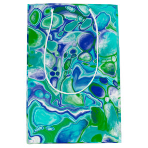 Sacola Para Presentes Média Abstrato de Arte Fluida Marble Azul e Verde