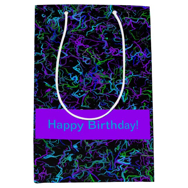 Sacola Para Presentes Média Abstrato púrpura, preta e azul (Frente)