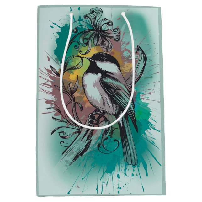 Sacola Para Presentes Média Abstrato Watercolor Chickadee - Teal (Frente)
