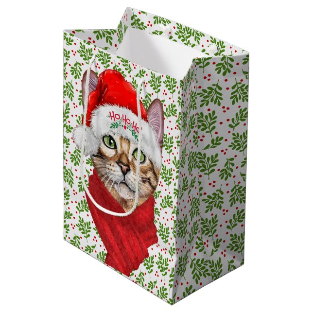 Sacola Para Presentes Média Abyssinian Cat Ho Ho Santa Hat Feliz Natal (Frente inclinada)