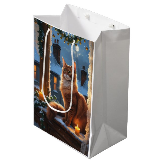 Sacola Para Presentes Média Abyssinian Cat With Christmas Lights Holiday (Frente inclinada)