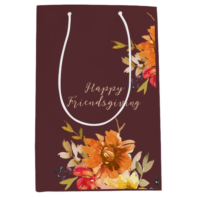 Sacola Para Presentes Média Ação de Graças com Amigos Florais Rústicos  (Frente)