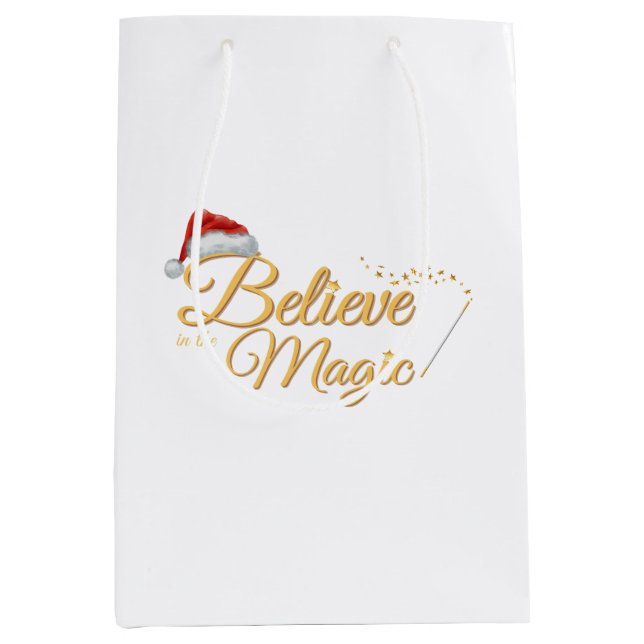 Sacola Para Presentes Média Acredite no Design de Feriado Mágico (Frente)