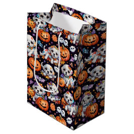 Sacola Para Presentes Média Adorável Cachorrinho e Abóboras de Halloween em Aq
