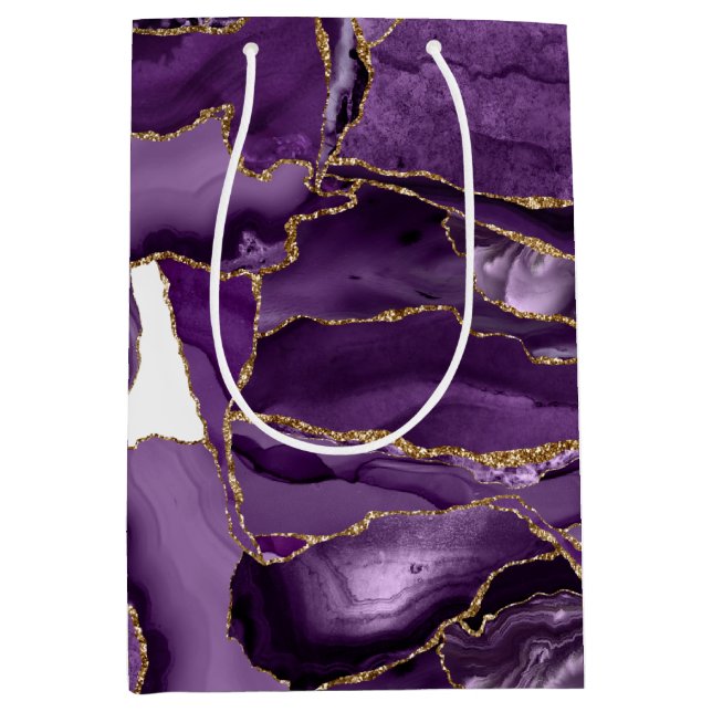 Sacola Para Presentes Média Agato de brilho de ouro e roxo (Frente)