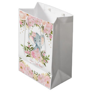 Sacola Para Presentes Média Aguarela cor-de-rosa feminino do bebê do elefante