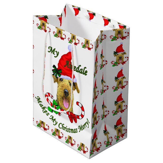 Sacola Para Presentes Média Airedale Terrier Christmas (Frente inclinada)