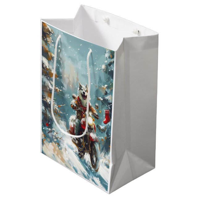 Sacola Para Presentes Média Alaskan Malamute Dog Dirigindo Motocicleta Natal (Frente inclinada)